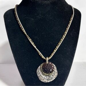 Layered Pendant Necklace Hammered Tri Color Circles Crystal Accents Double Chain